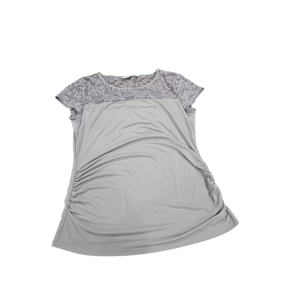 New York & Company Y2K Lace Yoke Ruched Stretch Top Gray Taupe Women's M
